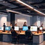 Espacio moderno de coworking con computadoras y jóvenes trabajando juntos