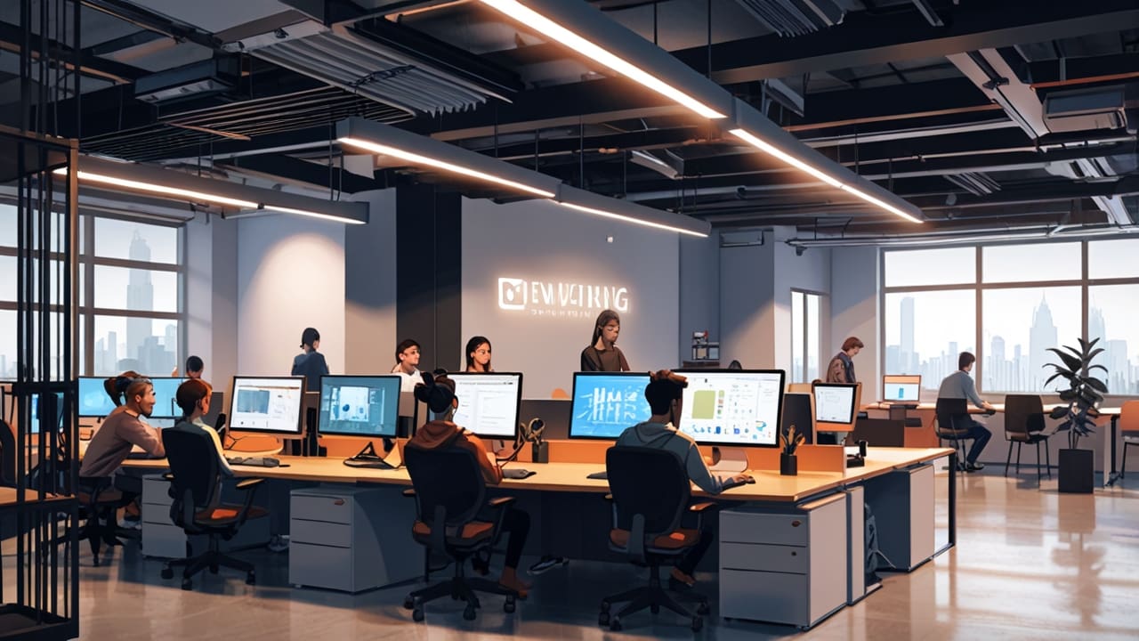 Espacio moderno de coworking con computadoras y jóvenes trabajando juntos