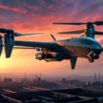 Primer plano de un dron militar sobrevolando un entorno industrial futurista al amanecer