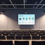 Sala de conferencias moderna con pantallas digitales mostrando gráficos tecnológicos