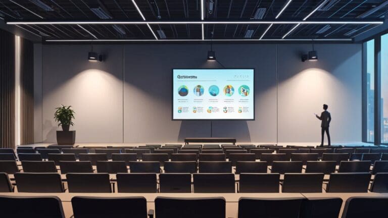 Sala de conferencias moderna con pantallas digitales mostrando gráficos tecnológicos