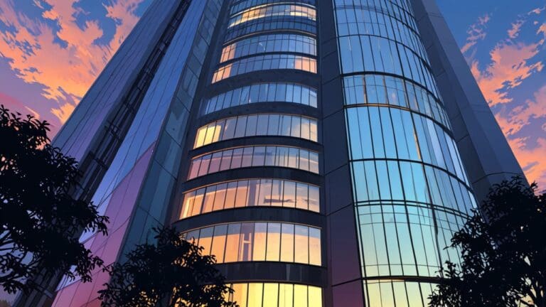 Vista de un moderno edificio corporativo en un parque tecnológico al atardecer.