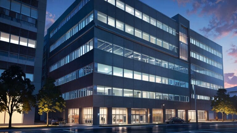 Edificio moderno con oficinas tecnológicas iluminadas por la tarde