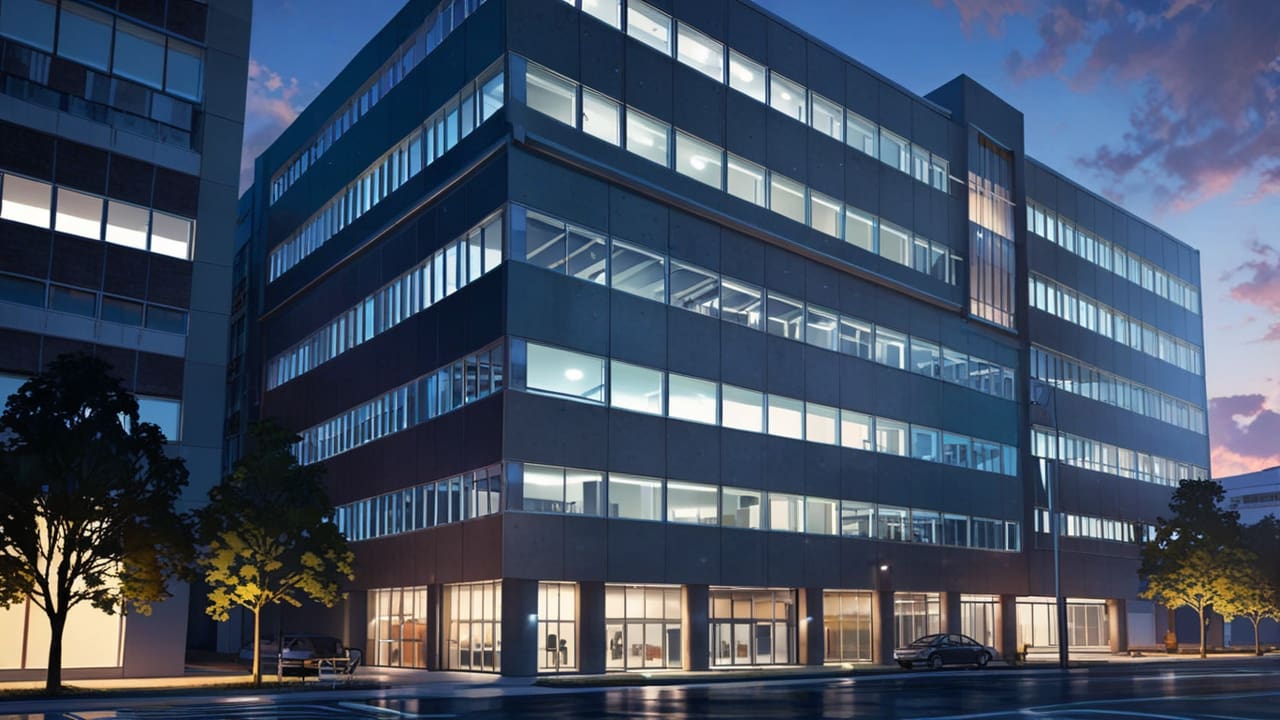 Edificio moderno con oficinas tecnológicas iluminadas por la tarde
