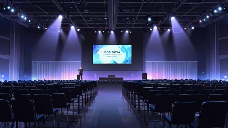 Sala de conferencias llena de gente con pantallas digitales en un evento tecnológico