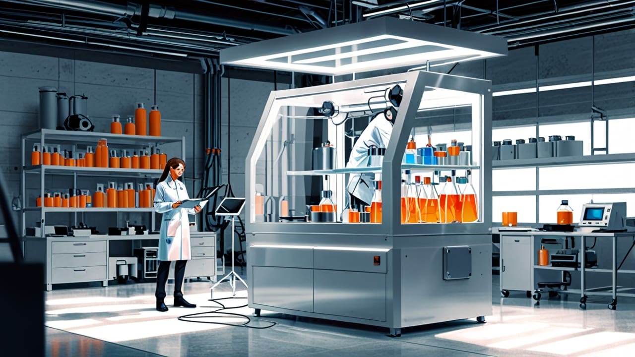 Innovador laboratorio tecnológico con dispositivos solares en exhibición