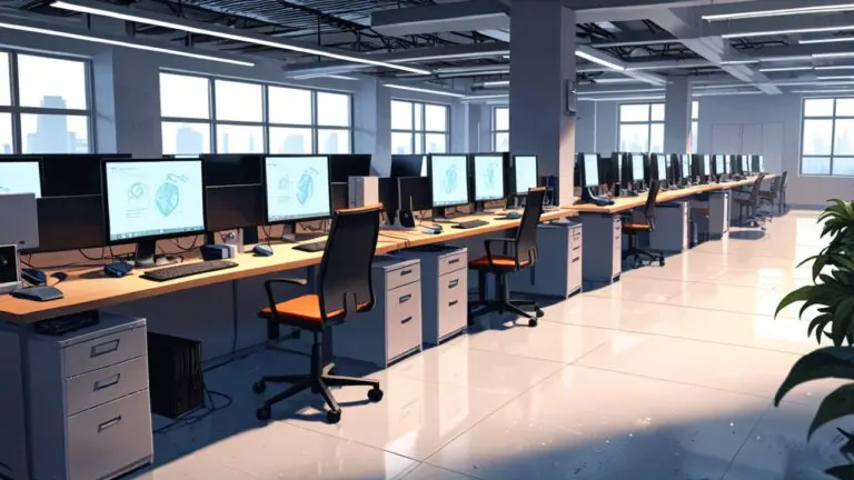 Oficinas modernas de una startup tecnológica con pantallas y computadoras en funcionamiento