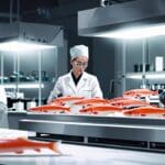 Tanques de acuicultura con salmones bajo una luz tenue en un laboratorio moderno