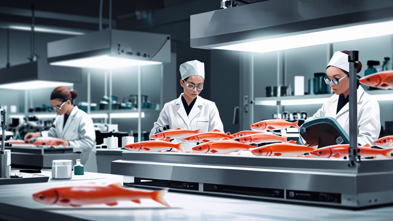 Tanques de acuicultura con salmones bajo una luz tenue en un laboratorio moderno
