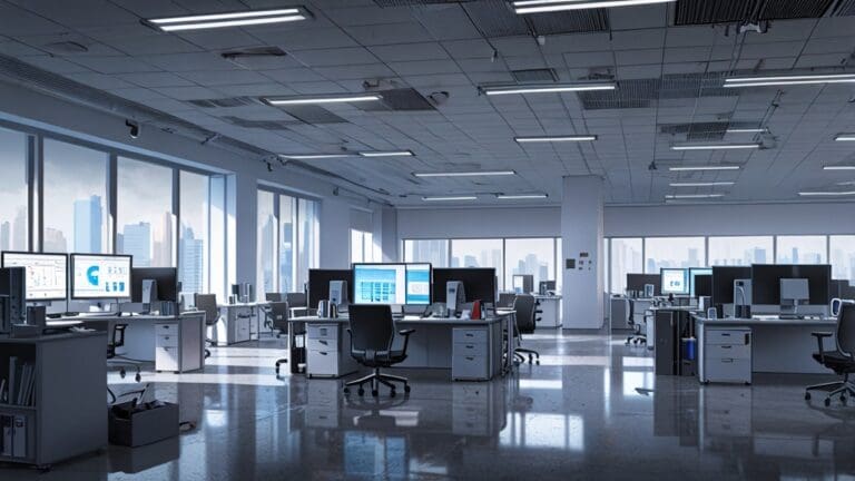 Oficinas modernas con computadoras y elementos de tecnología, enfoque corporativo