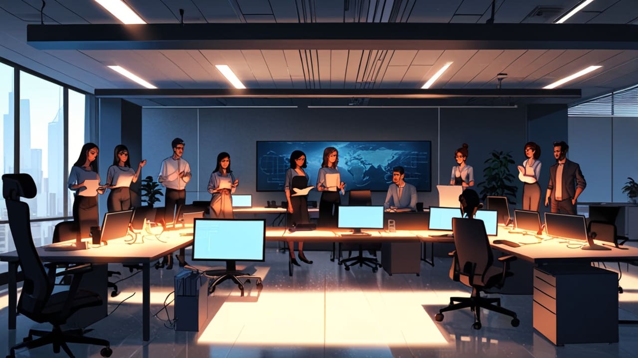 Oficina moderna con equipo de trabajo colaborando en un proyecto tecnológico