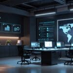 Oficina moderna con equipos tecnológicos y pantallas mostrando interfaces de inteligencia artificial