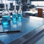 Close-up de un dispositivo tecnológico moderno sobre una mesa de laboratorio.