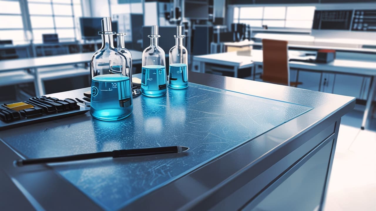 Close-up de un dispositivo tecnológico moderno sobre una mesa de laboratorio.