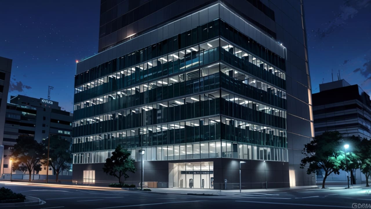Edificio moderno de oficinas tech en Santiago con luces nocturnas