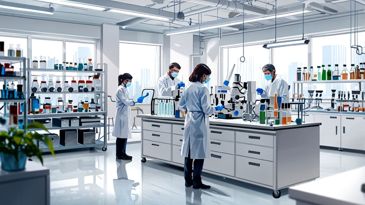 Laboratorio moderno con equipos biotecnológicos para análisis marinos