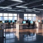 Oficinas modernas de una startup tecnológica con equipos trabajando en computadoras