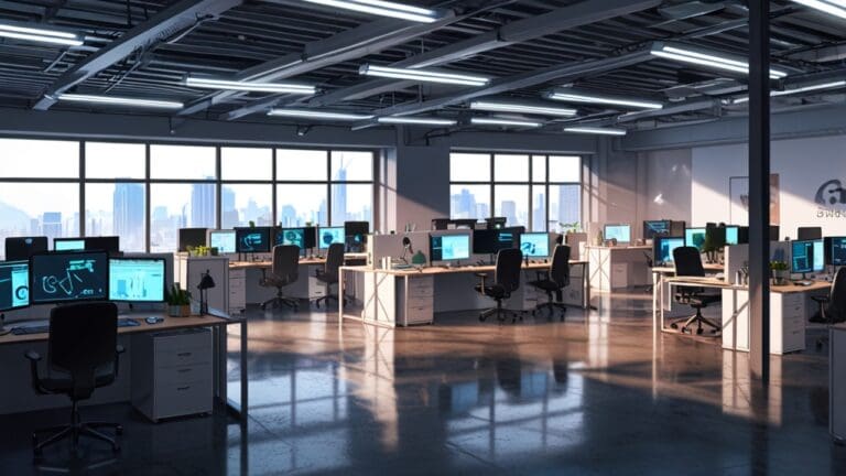 Oficinas modernas de una startup tecnológica con equipos trabajando en computadoras