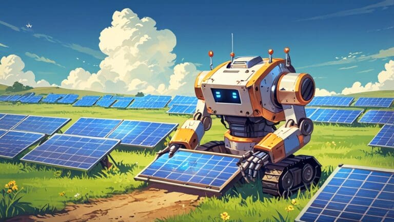 Primer plano de un robot autónomo limpiando paneles solares en un campo soleado