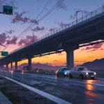 Carretera moderna con coches autónomos y señalización digital en un entorno montañoso al amanecer