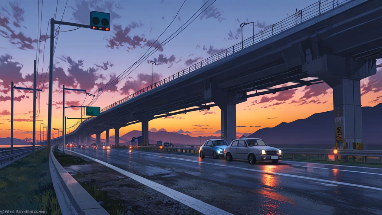 Carretera moderna con coches autónomos y señalización digital en un entorno montañoso al amanecer