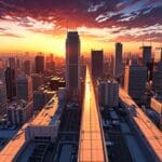 Vista panorámica de un centro tecnológico con diseño moderno al atardecer