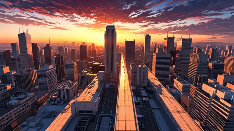 Vista panorámica de un centro tecnológico con diseño moderno al atardecer