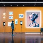 Exposición de alta tecnología con pantallas virtuales y dispositivos futuristas en un entorno moderno