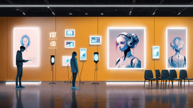 Exposición de alta tecnología con pantallas virtuales y dispositivos futuristas en un entorno moderno