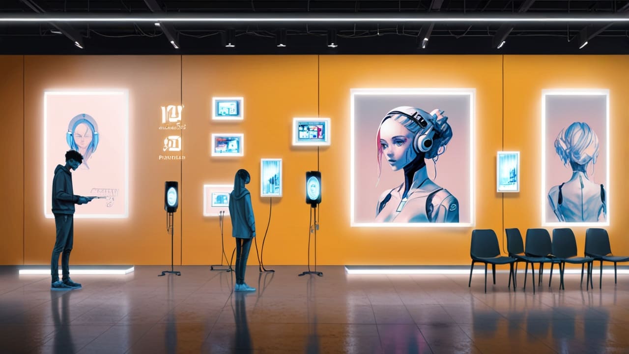 Exposición de alta tecnología con pantallas virtuales y dispositivos futuristas en un entorno moderno