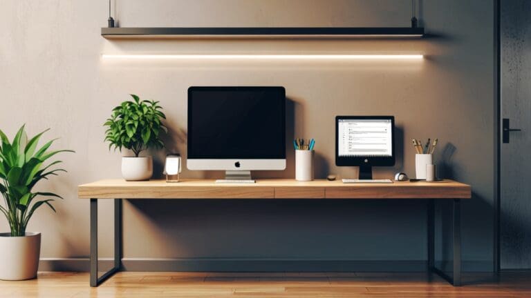 Oficina moderna con dispositivos tecnológicos sobre una mesa de trabajo