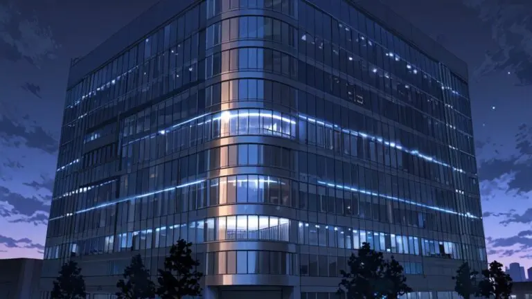 Imagen de un moderno edificio corporativo al anochecer con luces que reflejan un ambiente tecnológico
