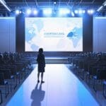 Conferencia internacional con stands tecnológicos y público interactuando