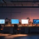 Oficina moderna con computadoras y gráficos financieros, luz natural iluminando el espacio de trabajo