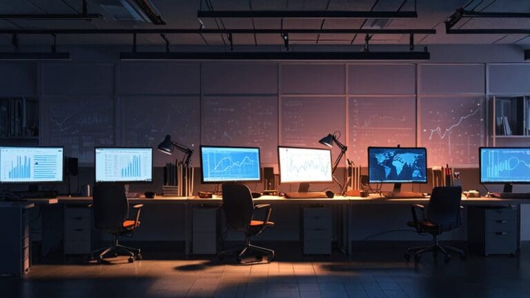 Oficina moderna con computadoras y gráficos financieros, luz natural iluminando el espacio de trabajo