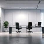 Una oficina moderna con decoración minimalista y computadoras en escritorios de vidrio pulido