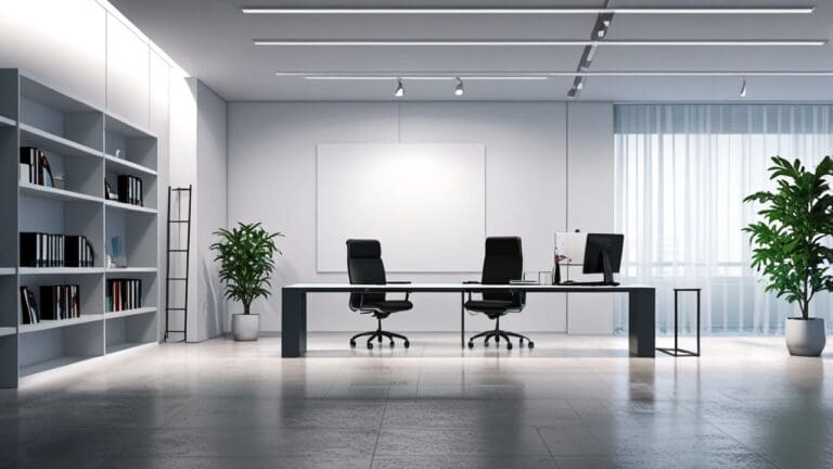 Una oficina moderna con decoración minimalista y computadoras en escritorios de vidrio pulido