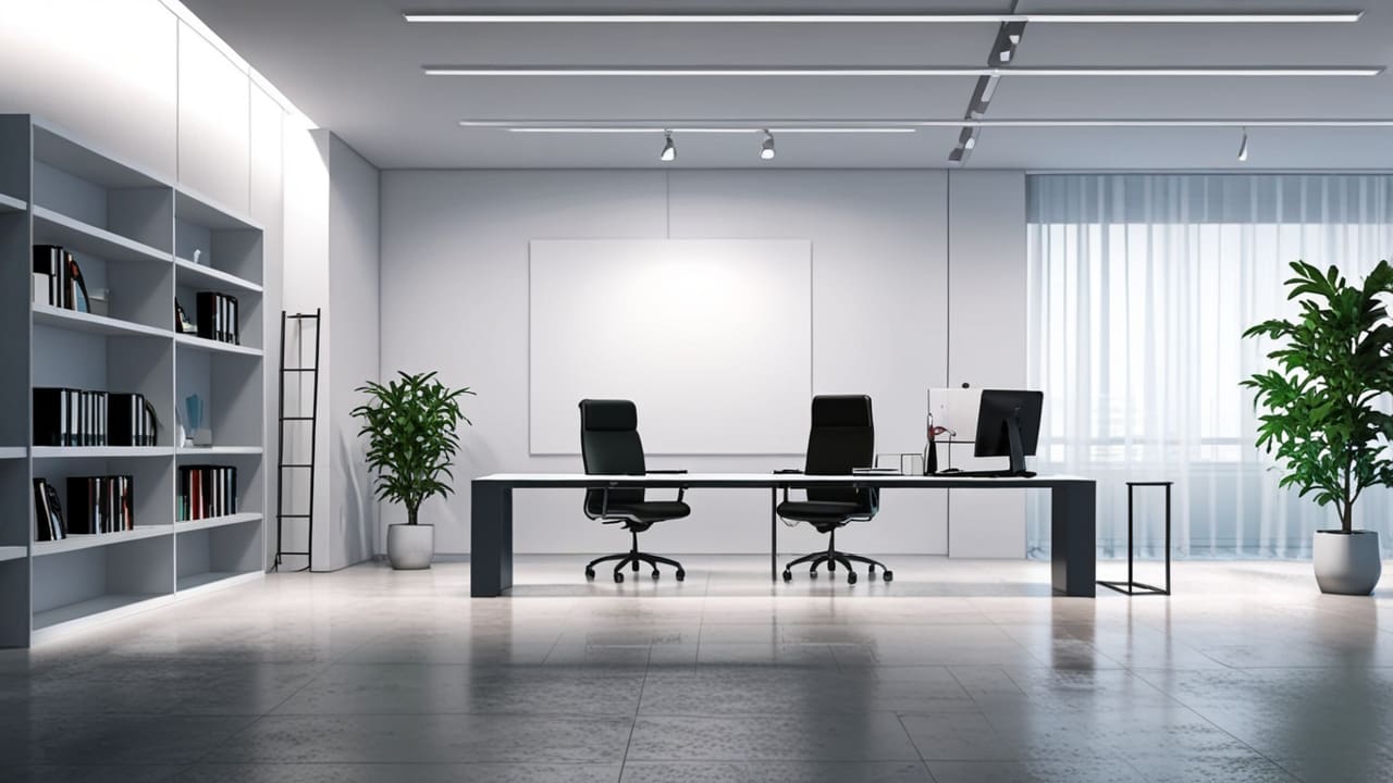 Una oficina moderna con decoración minimalista y computadoras en escritorios de vidrio pulido