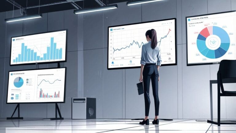 Oficina moderna de tecnología con pantallas y gráficos innovadores