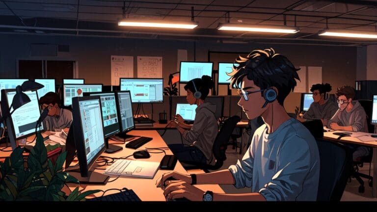 Representación de jóvenes trabajando en un proyecto tecnológico en una sala de estudio moderna con laptops y pizarras.