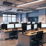 Oficinas modernas de una startup tecnológica con equipos de trabajo y computadoras