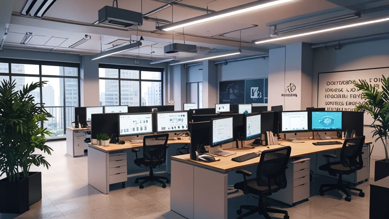 Oficinas modernas de una startup tecnológica con equipos de trabajo y computadoras