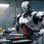 Representación de un robot humanoide futurista en un entorno de laboratorio moderno