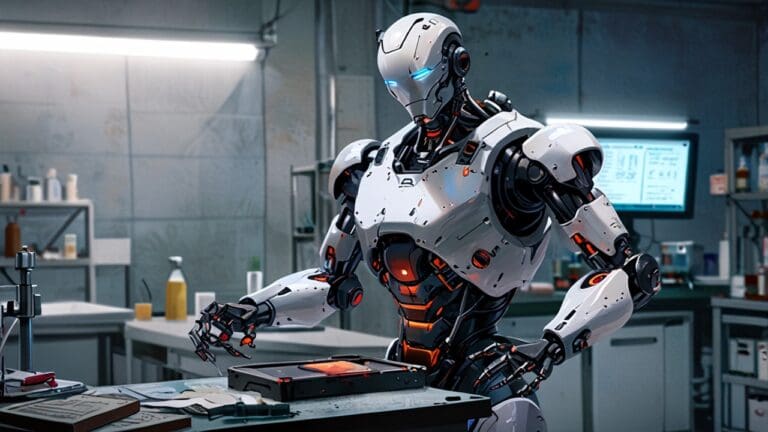 Representación de un robot humanoide futurista en un entorno de laboratorio moderno