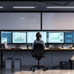 Oficina moderna con computadoras y pantallas mostrando gráficos de crecimiento.