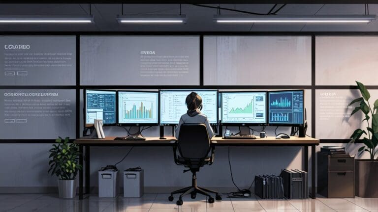 Oficina moderna con computadoras y pantallas mostrando gráficos de crecimiento.