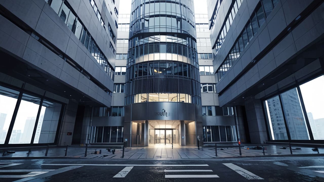 Edificios modernos de oficina con un enfoque en tecnología en un entorno urbano.