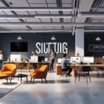 Oficinas modernas de una startup tecnológica con equipos de trabajo colaborando.