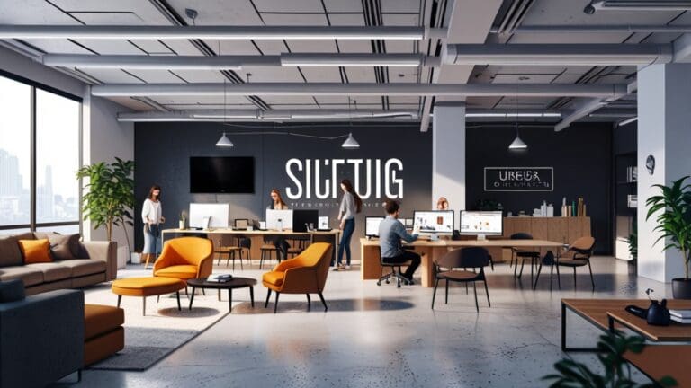 Oficinas modernas de una startup tecnológica con equipos de trabajo colaborando.