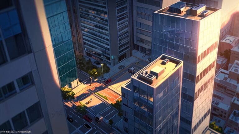 Vista aérea de un moderno distrito financiero con rascacielos tecnológicos y startups innovadoras al amanecer.